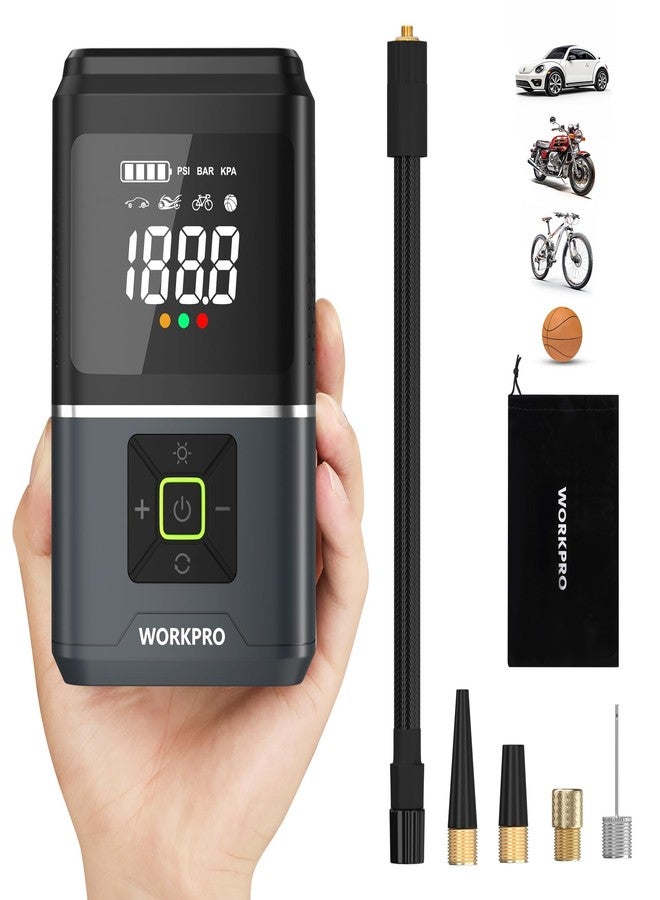 ووركبرو منفاخ إطارات محمول من WORKPRO، ضاغط هواء صغير/متوسط/كبير 7.2 فولت/12 فولت، شاشة رقمية، إيقاف تشغيل تلقائي، 5 أوضاع، ضوء LED، تدفق هواء عالي، للسيارة والدراجة النارية والدراجة والكرات - Image 1