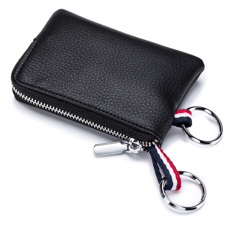 imeetu Leather Coin Purse Wallet, Mini Dual Keyrings Change Pouch Card Holder for Men Women (Black, standard) - Image 1
