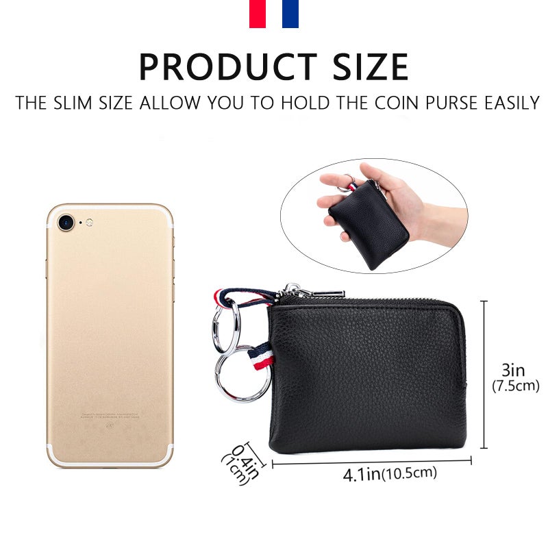 imeetu Leather Coin Purse Wallet, Mini Dual Keyrings Change Pouch Card Holder for Men Women (Black, standard) - Image 5