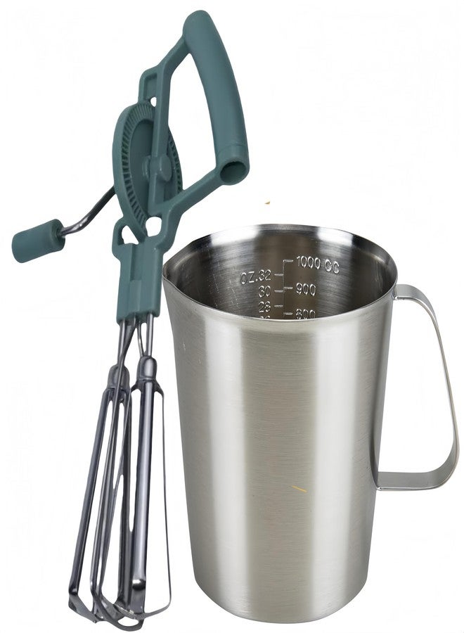 TIYOORTA Rotary Hand Crank Egg Beater with Stainless Steel Measuring Pitcher Combo Set, Double Head Manual Whisk Whipping with 4-Cup Jug for Cooking, Baking, Latte Art - Image 1