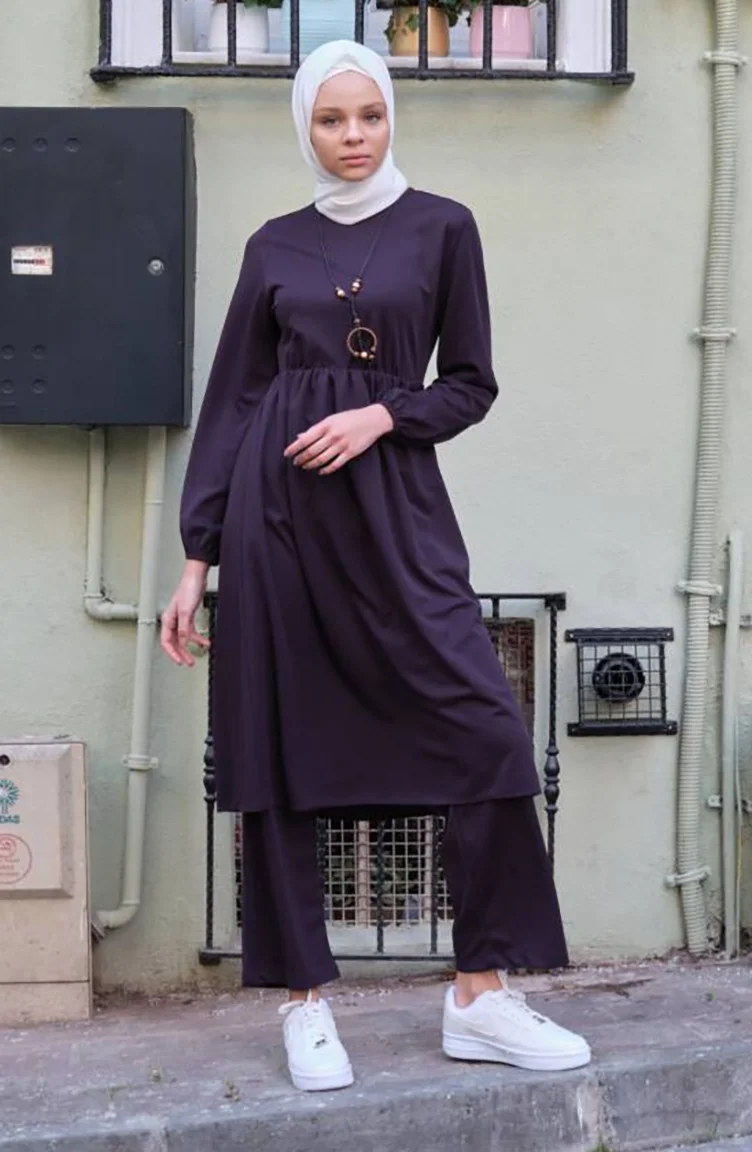 Sefa Merve Necklace Tunic Trousers Two Piece Set 0583-04 Plum