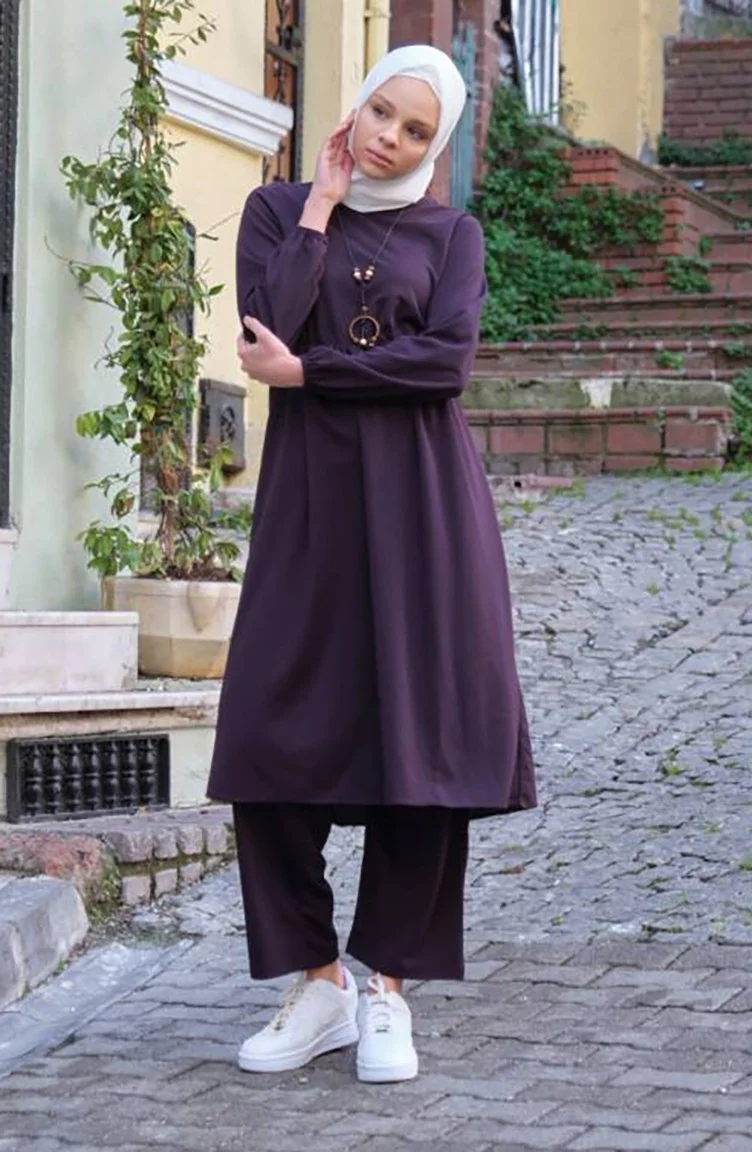 Sefa Merve Necklace Tunic Trousers Two Piece Set 0583-04 Plum