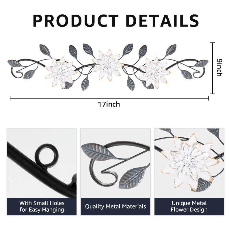 KHJCXS Metal Wall Art Modern Minimalist Metal Flowers Indoor Decor Horizontal Wall Art Iron Artwork,for Over Door,Bedroom,Living Room,Kitchen,Office Scroll Decor (White3) - Image 3