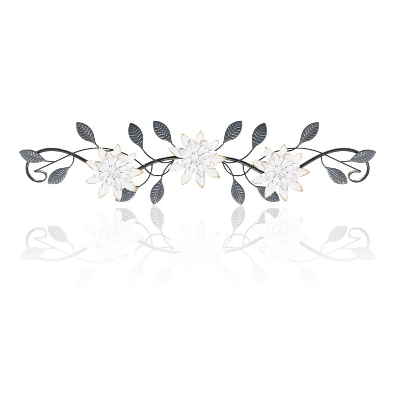 KHJCXS Metal Wall Art Modern Minimalist Metal Flowers Indoor Decor Horizontal Wall Art Iron Artwork,for Over Door,Bedroom,Living Room,Kitchen,Office Scroll Decor (White3) - Image 1