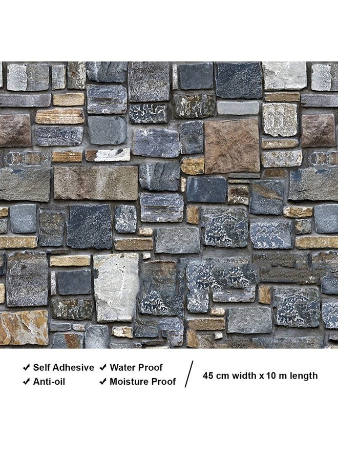 Wolpin Wall Stickers DIY Decals Wallpaper (45 cm x 10 m) 3D Brick Stone Self Adhesive, Multicolor Stone Decorative Wallpaper - Image 3