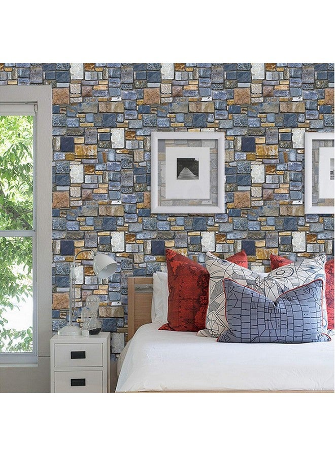 Wolpin Wall Stickers DIY Decals Wallpaper (45 cm x 10 m) 3D Brick Stone Self Adhesive, Multicolor Stone Decorative Wallpaper - Image 1