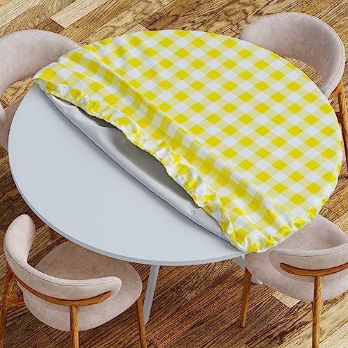 Sorfey Round Tablecloth Fitted with Elastic Vinyl with Flannel Back Fits for Table 30 Inches RoundWater Proof Easy to Clean Checked Yellow Design