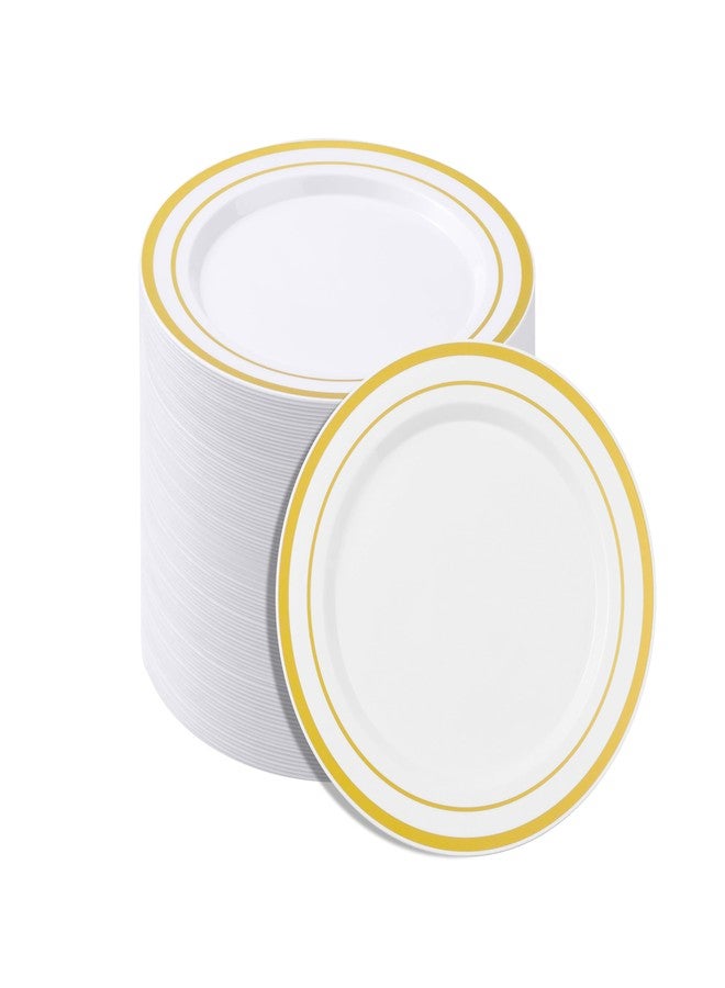 BESTSTAR 100PCS White Plastic Plates for Party, 7 Inch Heavy Duty Dinner Plates with Gold Rim, Disposable Plates for Wedding and Birthday - Image 1