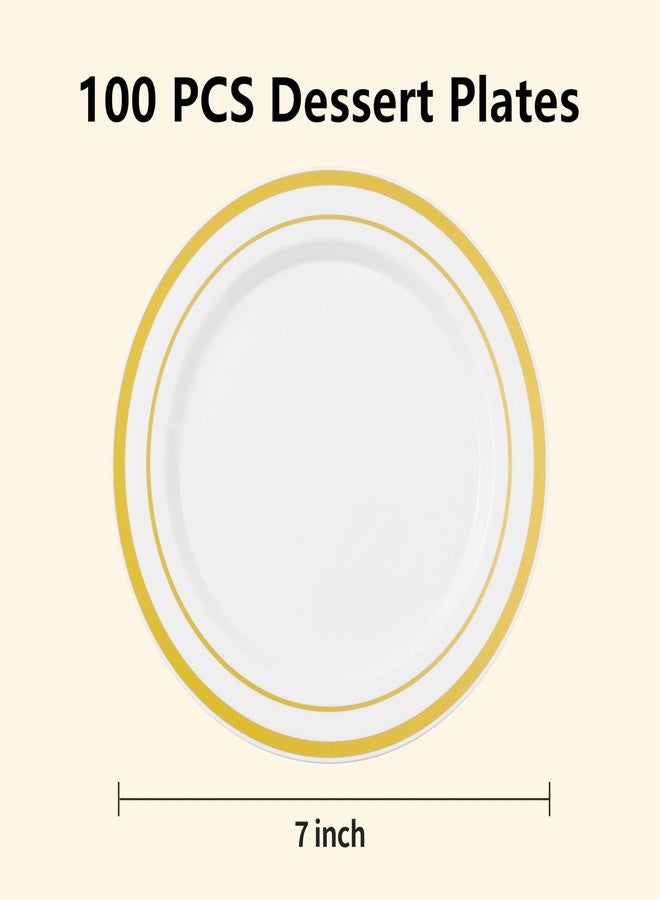 BESTSTAR 100PCS White Plastic Plates for Party, 7 Inch Heavy Duty Dinner Plates with Gold Rim, Disposable Plates for Wedding and Birthday - Image 3