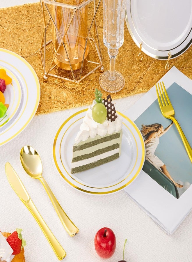 BESTSTAR 100PCS White Plastic Plates for Party, 7 Inch Heavy Duty Dinner Plates with Gold Rim, Disposable Plates for Wedding and Birthday - Image 2