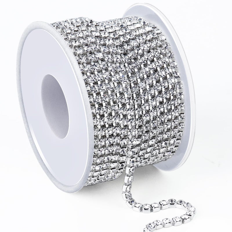 Towenm 1 Roll 10 Yards Rhinestone Chain, 3mm Crystal Rhinestones Close Chain Roll, Sew on Crystal Rhinstone Chain Trim, Crystal Claw Cup Chain (Silver Base + Clear Rhinestones, SS12 / 3mm) - Image 1