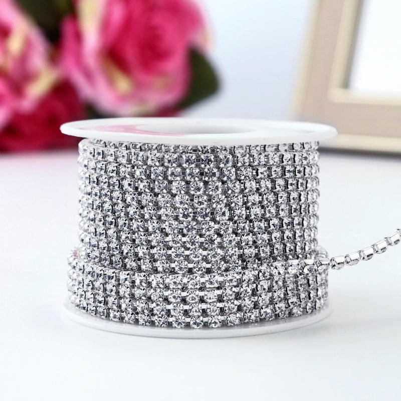 Towenm 1 Roll 10 Yards Rhinestone Chain, 3mm Crystal Rhinestones Close Chain Roll, Sew on Crystal Rhinstone Chain Trim, Crystal Claw Cup Chain (Silver Base + Clear Rhinestones, SS12 / 3mm) - Image 2