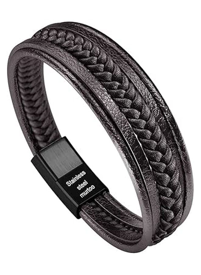 Generic Murtoo Men's Bracelet Natural Leather and Stone with Magnetic Closure Stainless Steel Bracelet Gift Box  - Image 1