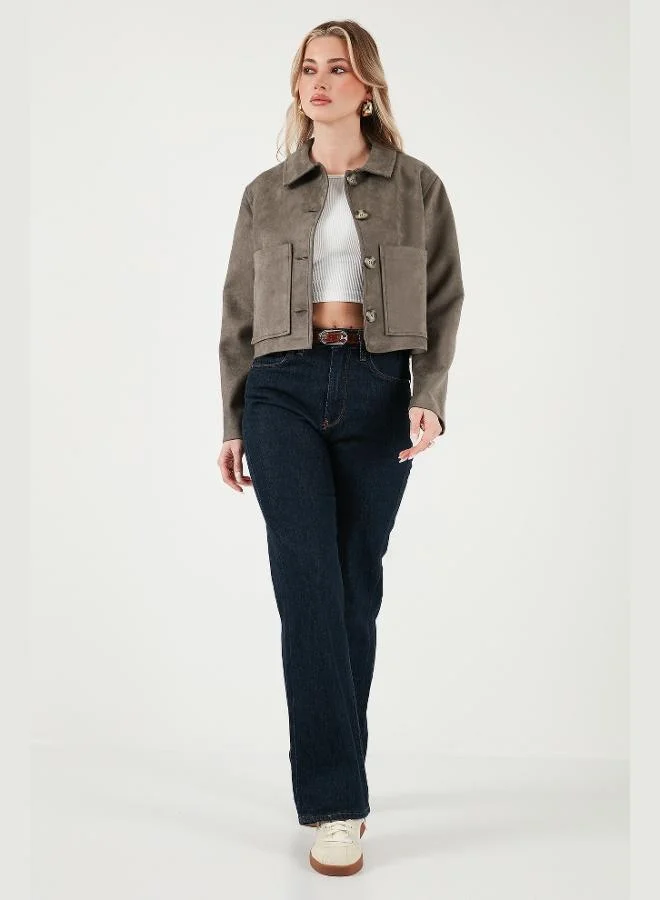 ليلا جاكيت ليلا نسائي بياقة كلاسيكية بقصة عادية من جلد الغزال مع تفاصيل جيوب