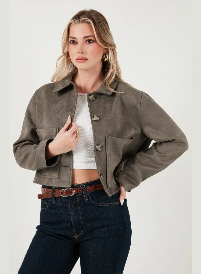 ليلا جاكيت ليلا نسائي بياقة كلاسيكية بقصة عادية من جلد الغزال مع تفاصيل جيوب