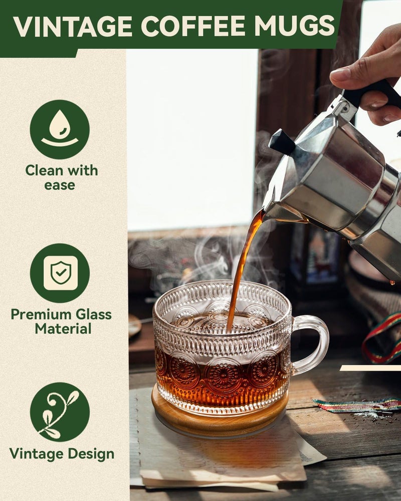 Semderm Vintage Glass Coffee Mugs Set of 2 Overnight Oats Containers with Bamboo Lids and Spoons  14oz Clear Tea Cups for Cappuccino Latte Americano Cereal Yogurt Beverage - Image 3