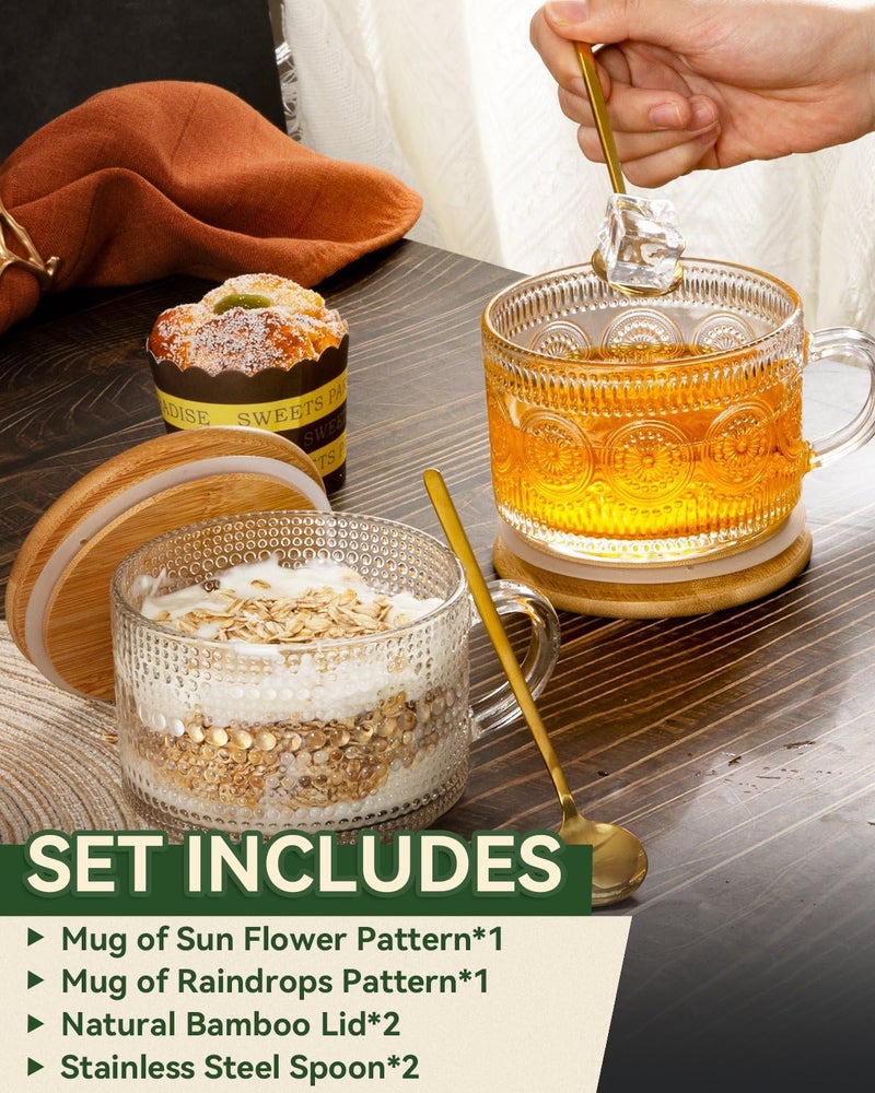Semderm Vintage Glass Coffee Mugs Set of 2 Overnight Oats Containers with Bamboo Lids and Spoons  14oz Clear Tea Cups for Cappuccino Latte Americano Cereal Yogurt Beverage - Image 2