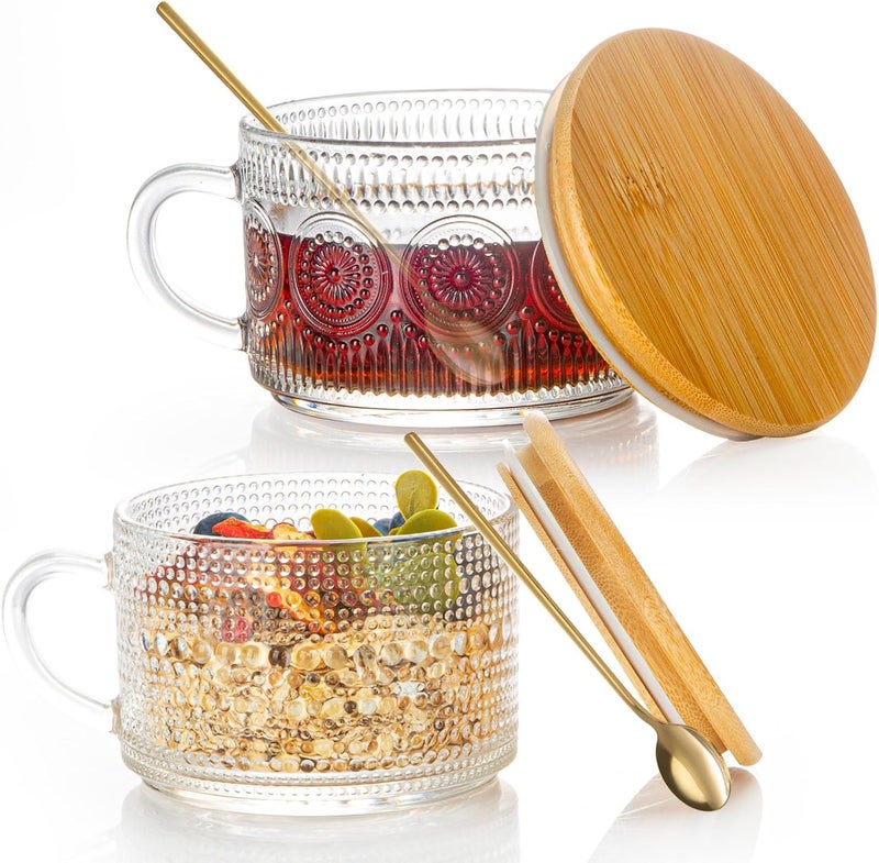 Semderm Vintage Glass Coffee Mugs Set of 2 Overnight Oats Containers with Bamboo Lids and Spoons  14oz Clear Tea Cups for Cappuccino Latte Americano Cereal Yogurt Beverage - Image 1