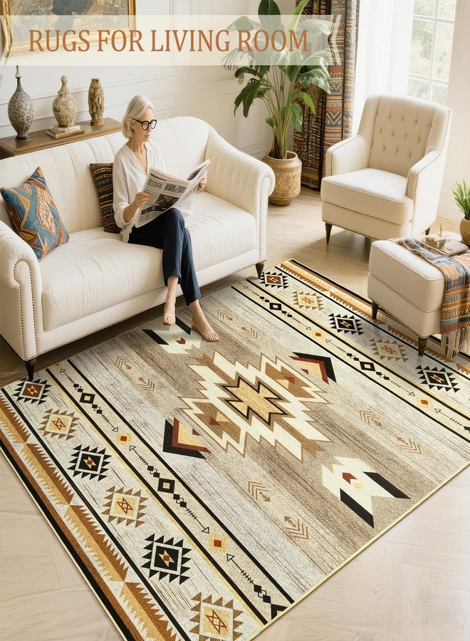 B BENRON Western Rugs for Living Room 5x7, Non Slip Area Rugs for Bedroom Dining Table, Soft Throw Rug Washable, Beige, Brown, Geometric - Image 2