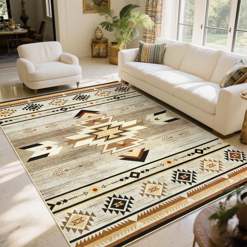B BENRON Western Rugs for Living Room 5x7, Non Slip Area Rugs for Bedroom Dining Table, Soft Throw Rug Washable, Beige, Brown, Geometric - Image 1