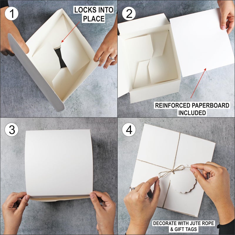 mudrit White Gift Boxes (Pack of 10) Size 8x8x4 Inches, Thick Paper Boxes with Lids, Tags & Jute Rope for Bridesmaid Proposals, Wedding Presents, Birthday Party Favor, Baby Shower and Christmas - Image 3