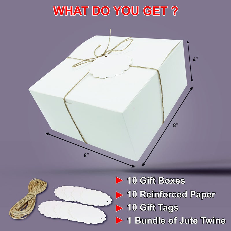 mudrit White Gift Boxes (Pack of 10) Size 8x8x4 Inches, Thick Paper Boxes with Lids, Tags & Jute Rope for Bridesmaid Proposals, Wedding Presents, Birthday Party Favor, Baby Shower and Christmas - Image 4