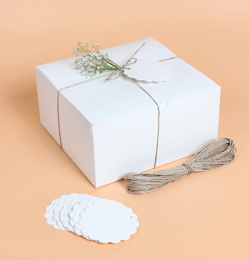 mudrit White Gift Boxes (Pack of 10) Size 8x8x4 Inches, Thick Paper Boxes with Lids, Tags & Jute Rope for Bridesmaid Proposals, Wedding Presents, Birthday Party Favor, Baby Shower and Christmas - Image 1