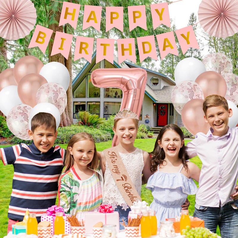 Juesly 7th Birthday Decorations for Girls,32PCS 7 year old Birthday Party Decorations,Including Backdrop, Crown, Sash, banner, Hanging Swirl,Cake Topper,Paper Fans,balloons and Anniversary Card - Image 5