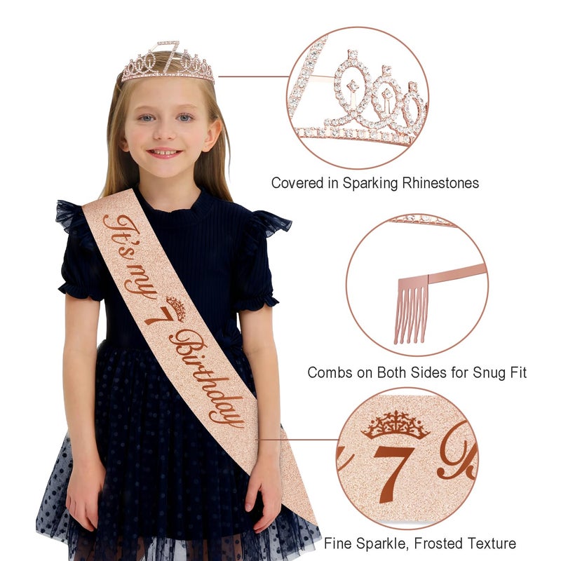 Juesly 7th Birthday Decorations for Girls,32PCS 7 year old Birthday Party Decorations,Including Backdrop, Crown, Sash, banner, Hanging Swirl,Cake Topper,Paper Fans,balloons and Anniversary Card - Image 4