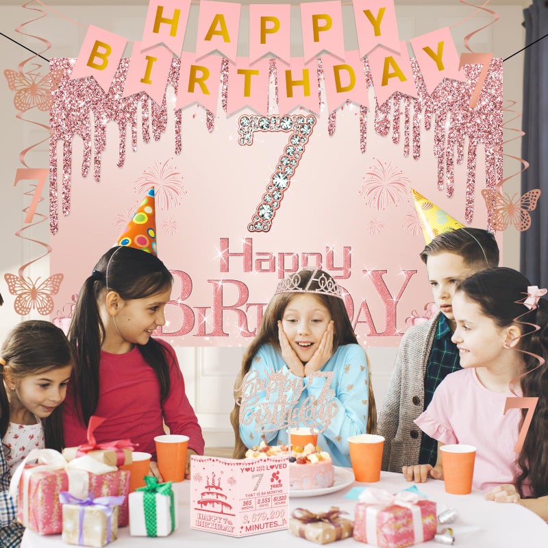 Juesly 7th Birthday Decorations for Girls,32PCS 7 year old Birthday Party Decorations,Including Backdrop, Crown, Sash, banner, Hanging Swirl,Cake Topper,Paper Fans,balloons and Anniversary Card - Image 2