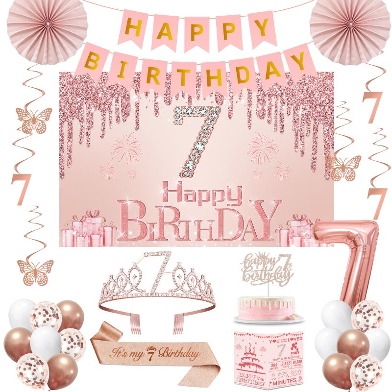 Juesly 7th Birthday Decorations for Girls,32PCS 7 year old Birthday Party Decorations,Including Backdrop, Crown, Sash, banner, Hanging Swirl,Cake Topper,Paper Fans,balloons and Anniversary Card - Image 1