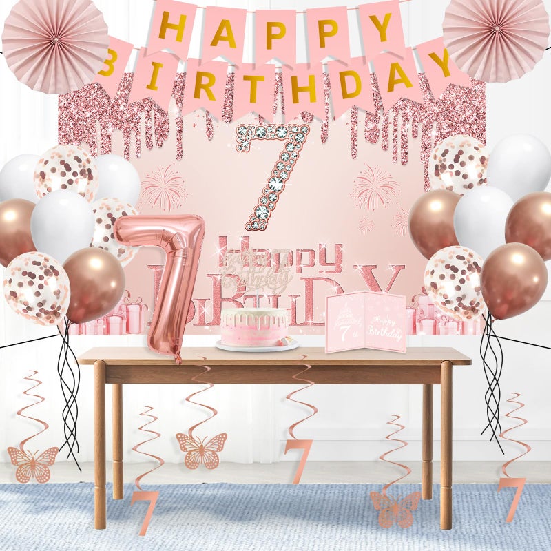 Juesly 7th Birthday Decorations for Girls,32PCS 7 year old Birthday Party Decorations,Including Backdrop, Crown, Sash, banner, Hanging Swirl,Cake Topper,Paper Fans,balloons and Anniversary Card - Image 3