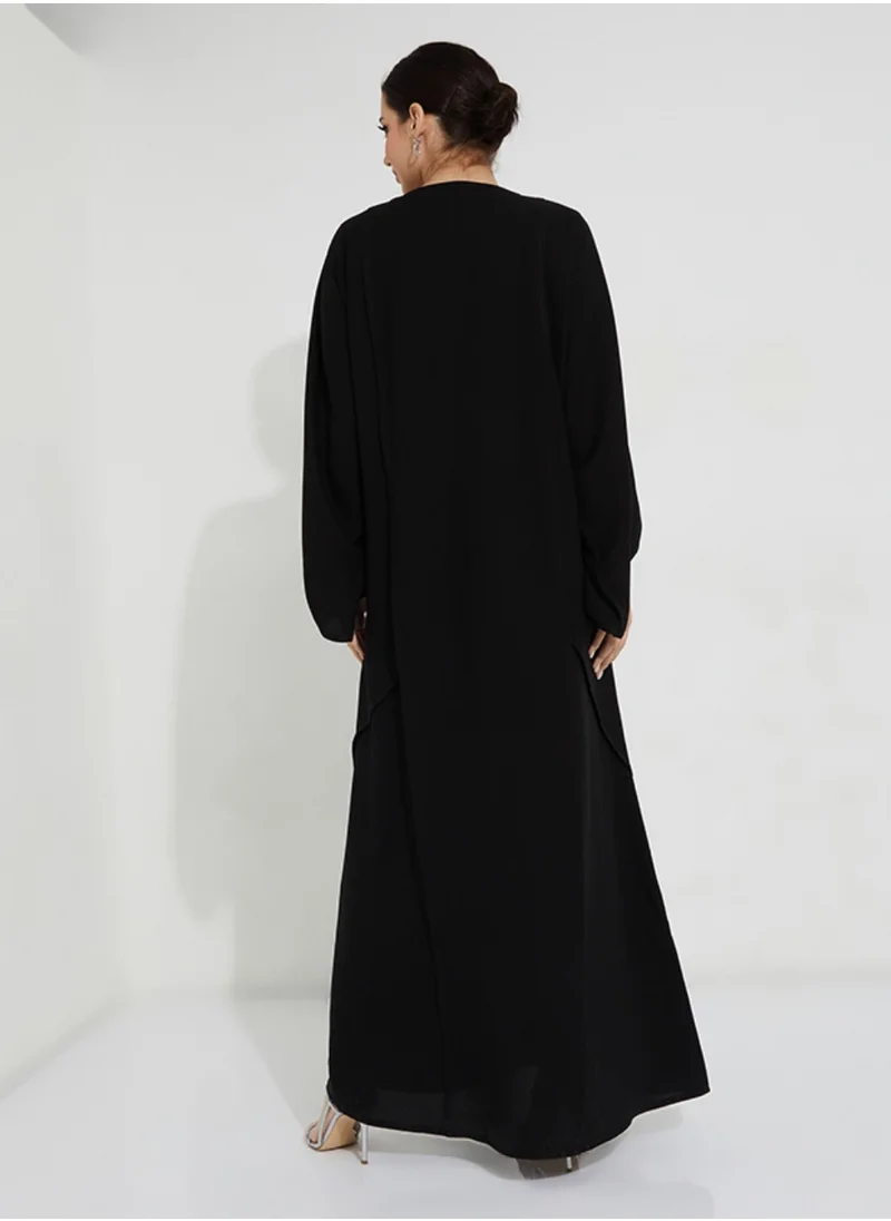 Rosette Abaya Black Open Abaya wide sleeves