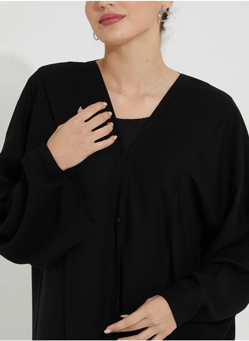 Rosette Abaya Black Open Abaya wide sleeves