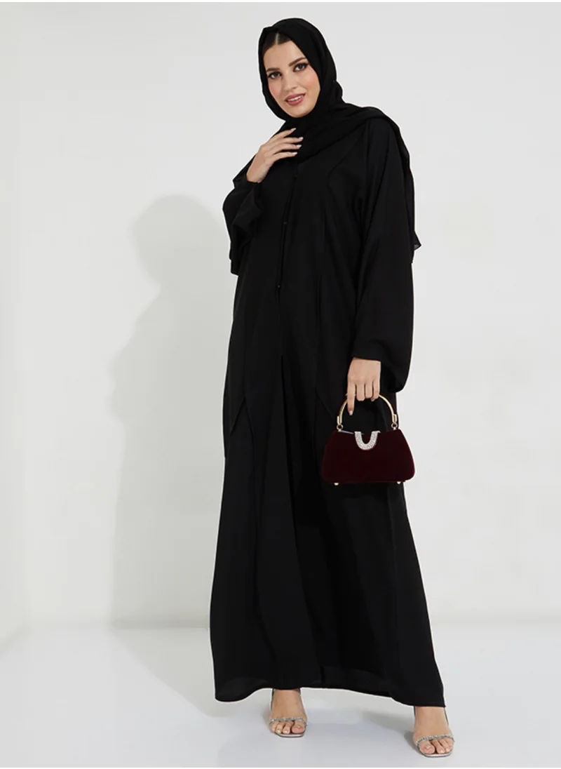 Rosette Abaya Black Open Abaya wide sleeves