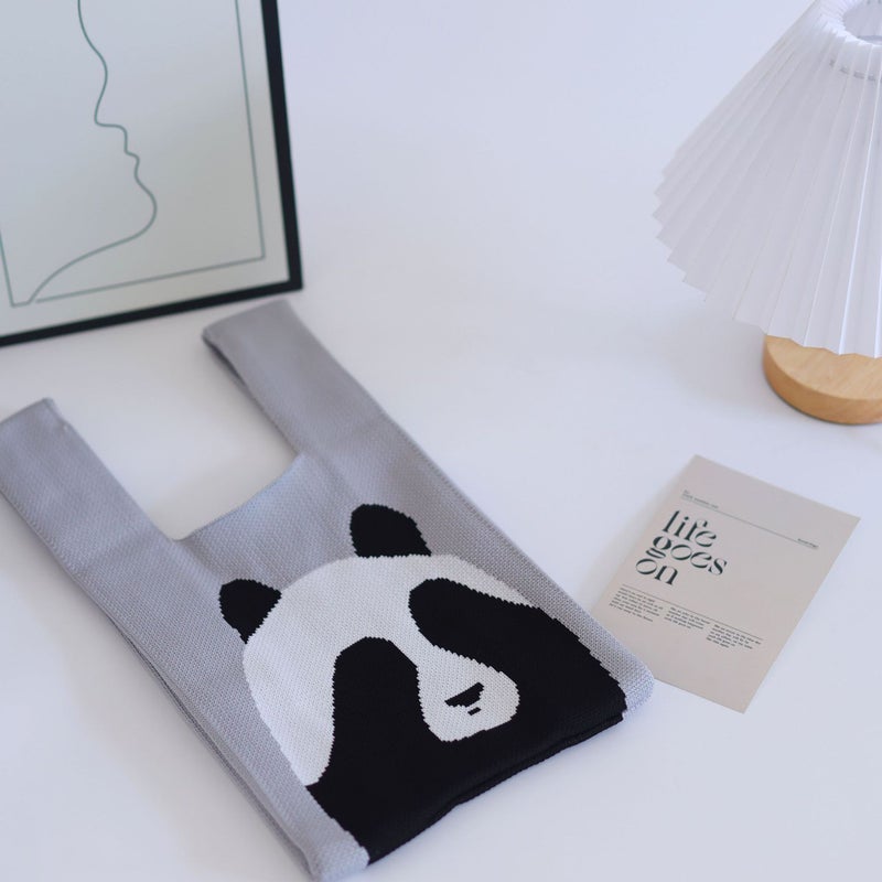 Panda Handbag For Women, Knitted Yarn Bucket Bag, Japanese And Korean Style Versatile Hand-Carry Casual Tote Bag, Lunch Bag, Portable - Image 5