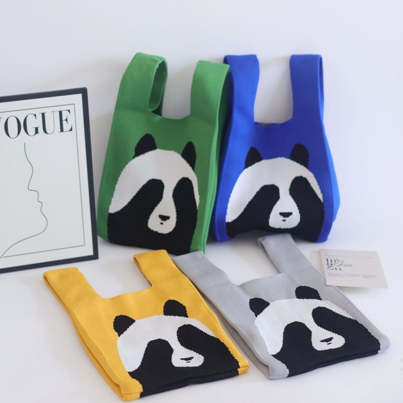 Panda Handbag For Women, Knitted Yarn Bucket Bag, Japanese And Korean Style Versatile Hand-Carry Casual Tote Bag, Lunch Bag, Portable - Image 2