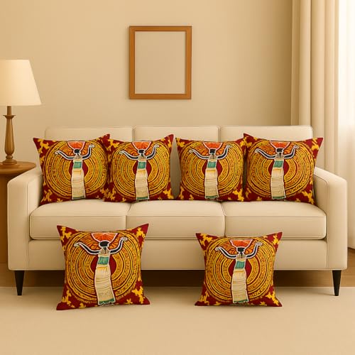 FABANE Decorative Jute Pillow Covers Set – 6 Pieces, 18x18 Inch Square Cushion Covers with Designer Prints for Sofa, Bed & Couch Home Décor (Maroon) - Image 1