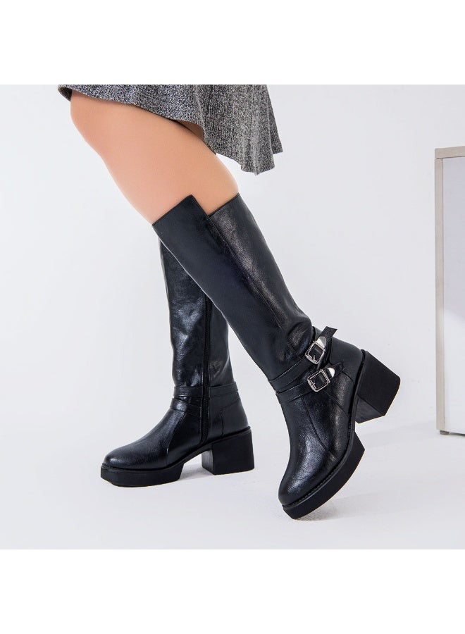 LIFESTYLISH Long Boot  Mid Heels Leather Elegant  LB-40 - Black - Image 3