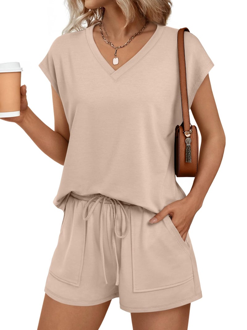 AUTOMET Women 2 Piece V Neck Matching Lounge Sets Clothing Spring Cap Sleeve Shirt and Shorts Loungewear 2026 Summer Travel Airport Outfit Cruise Beach Vacation Clothes Rompers Resort Wear - Image 1