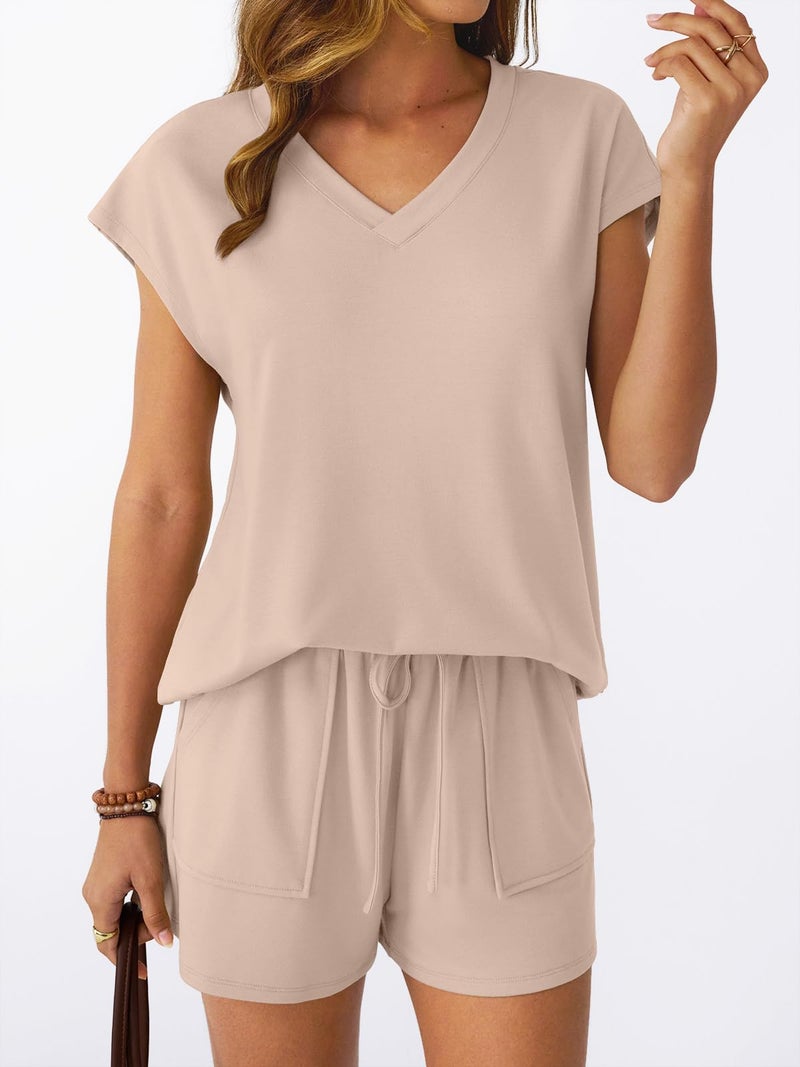 AUTOMET Women 2 Piece V Neck Matching Lounge Sets Clothing Spring Cap Sleeve Shirt and Shorts Loungewear 2026 Summer Travel Airport Outfit Cruise Beach Vacation Clothes Rompers Resort Wear - Image 2