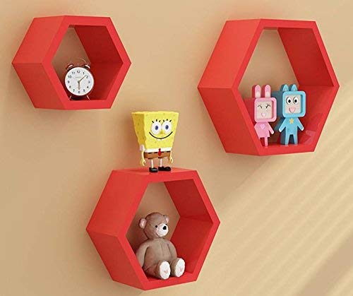 TechHark Home Décor Hexagonal Shape MDF (Medium Density Fiber) Fiber Wall Shelf, Living Room Decorative Self -(Set of 3) (Red) - Image 4