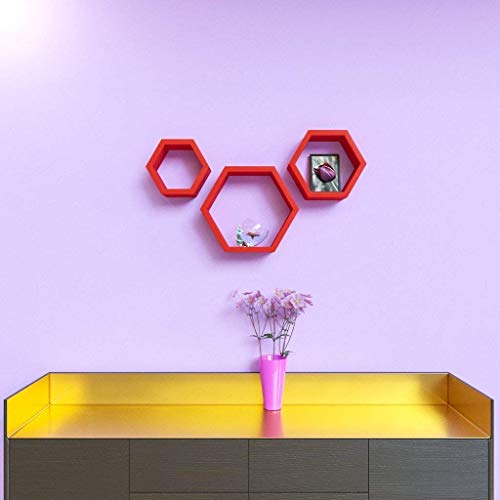 TechHark Home Décor Hexagonal Shape MDF (Medium Density Fiber) Fiber Wall Shelf, Living Room Decorative Self -(Set of 3) (Red) - Image 2