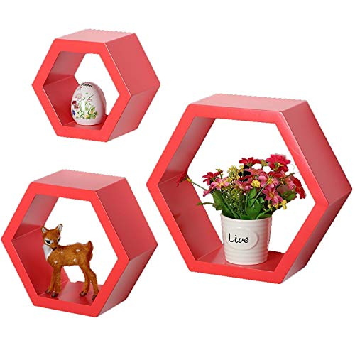 TechHark Home Décor Hexagonal Shape MDF (Medium Density Fiber) Fiber Wall Shelf, Living Room Decorative Self -(Set of 3) (Red) - Image 3