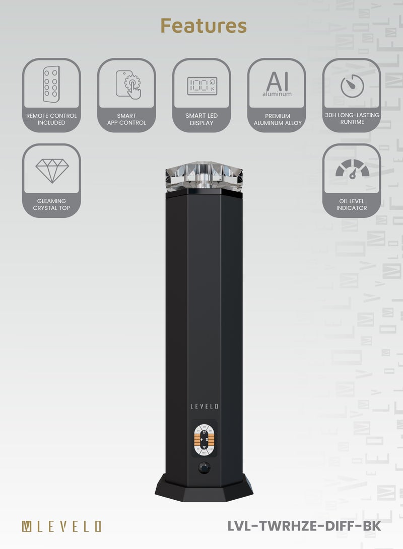ليفيلو معطر جو داخلي بالموجات فوق الصوتية من تاور هيز مع تحكم ذكي بالتطبيق / خزان قابل لإعادة التعبئة سعة 120 مل /  ناشر عطر منزلي / غطاء من الكريستال / مدة تشغيل تدوم 30 ساعة / تغطية واسعة للرائحة - أسود - Image 2