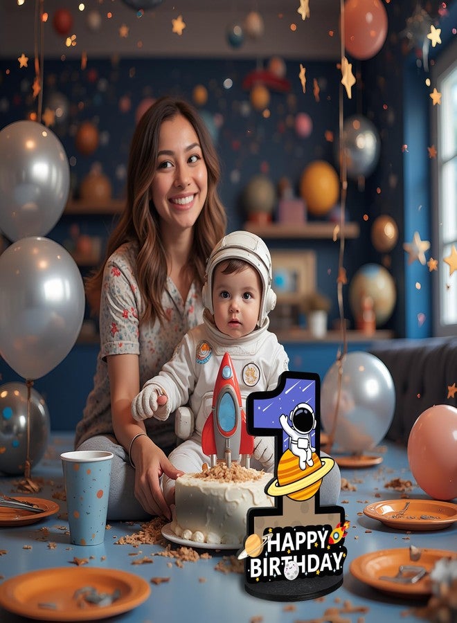 merrisport زينة طاولة عيد الميلاد الأول بطابع الفضاء الخارجي - قطعة مركزية خشبية على شكل الرقم 1 للأولاد، ديكورات مستوحاة من الصواريخ والكواكب لحفلة عيد الميلاد الأول للطفل، زينة فضائية ودعامة للتصوير - Image 5