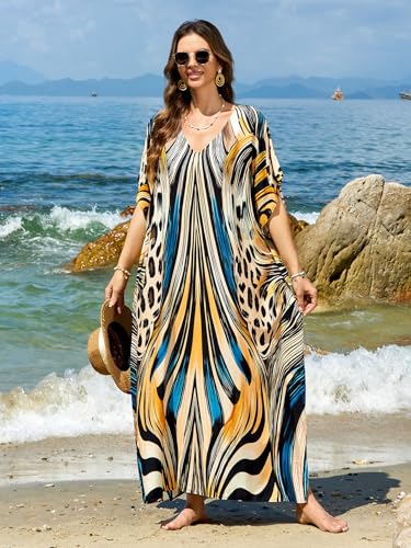 IMAGEKOPE Moroccan Print V-Neck Batwing Kaftan Women's Plus Size Loose Fit Beach Dress Bathing Suit Cover Up Loungewear - Image 4
