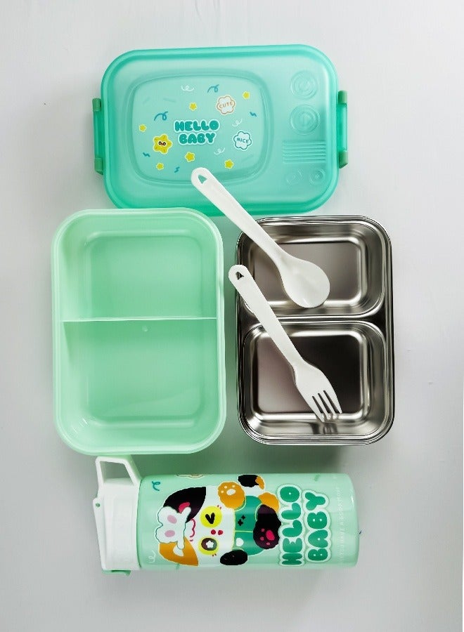 توشيونيكس علبة غداء من الستانلس ستيل – سعة 1.02 لتر – بحجرتين، ملعقة، شوكة، زجاجة مع مصاصة، آمنة للميكروويف، مانعة للتسرب، خالية من BPA – تصميم كرتوني للأطفال – مثالية للمدرسة، الحضانة، والهدايا – 17 × 12 × 5 سم - Image 4