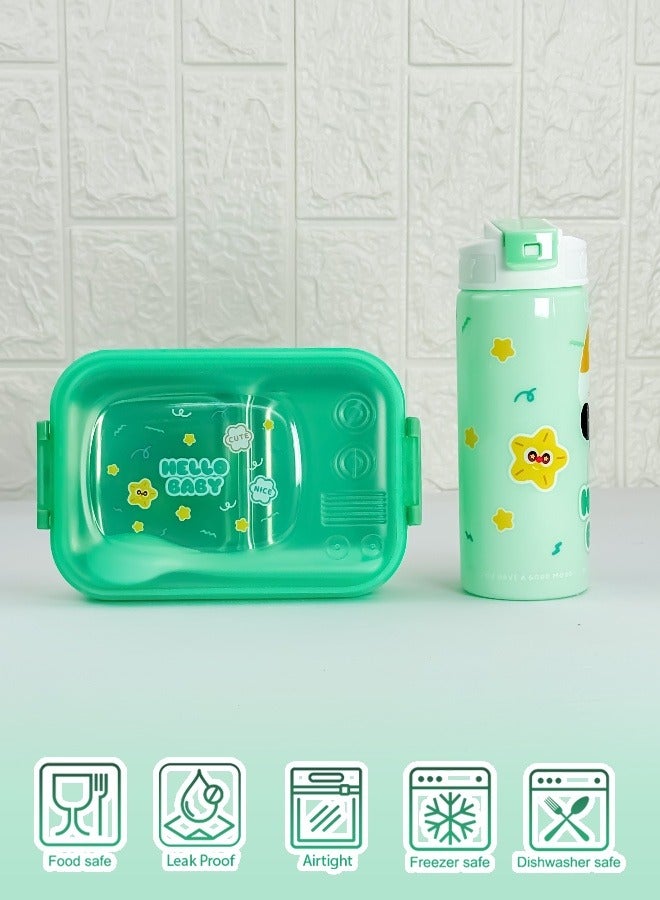 توشيونيكس علبة غداء من الستانلس ستيل – سعة 1.02 لتر – بحجرتين، ملعقة، شوكة، زجاجة مع مصاصة، آمنة للميكروويف، مانعة للتسرب، خالية من BPA – تصميم كرتوني للأطفال – مثالية للمدرسة، الحضانة، والهدايا – 17 × 12 × 5 سم - Image 3