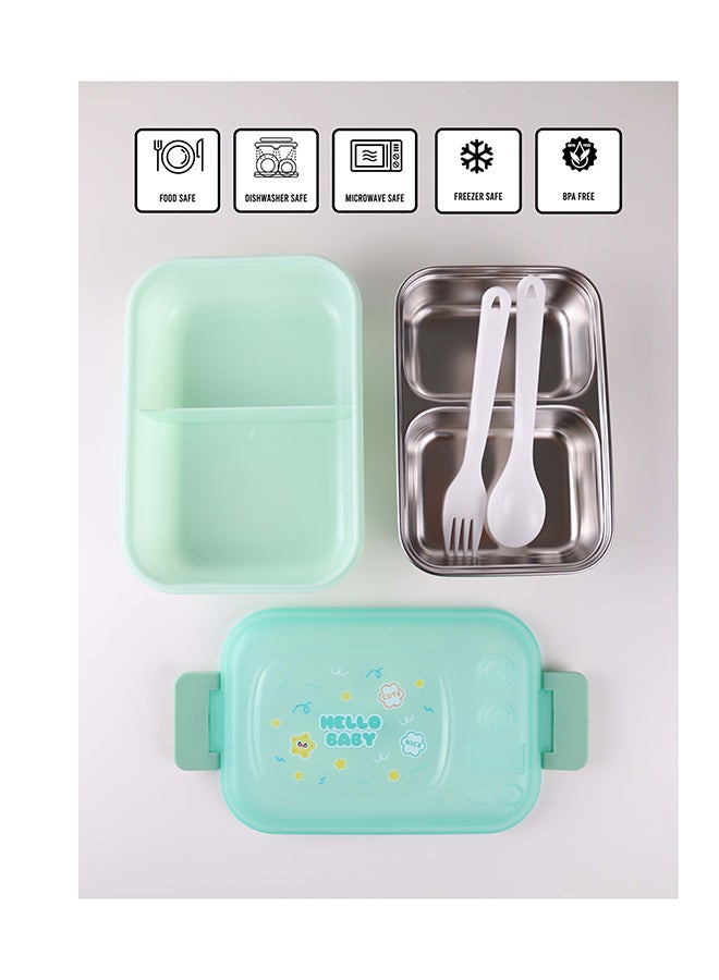 توشيونيكس علبة غداء من الستانلس ستيل – سعة 1.02 لتر – بحجرتين، ملعقة، شوكة، زجاجة مع مصاصة، آمنة للميكروويف، مانعة للتسرب، خالية من BPA – تصميم كرتوني للأطفال – مثالية للمدرسة، الحضانة، والهدايا – 17 × 12 × 5 سم - Image 2